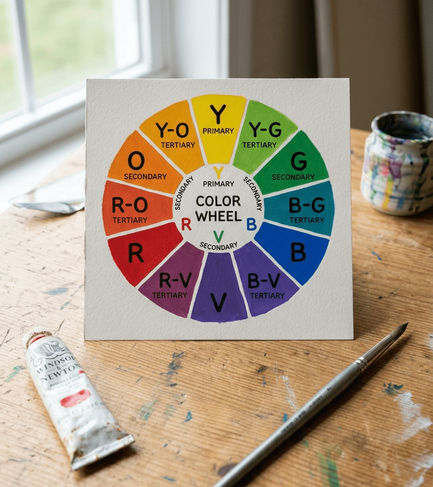 photo containing a color wheel that shows the basic ROY G> BIV color palette