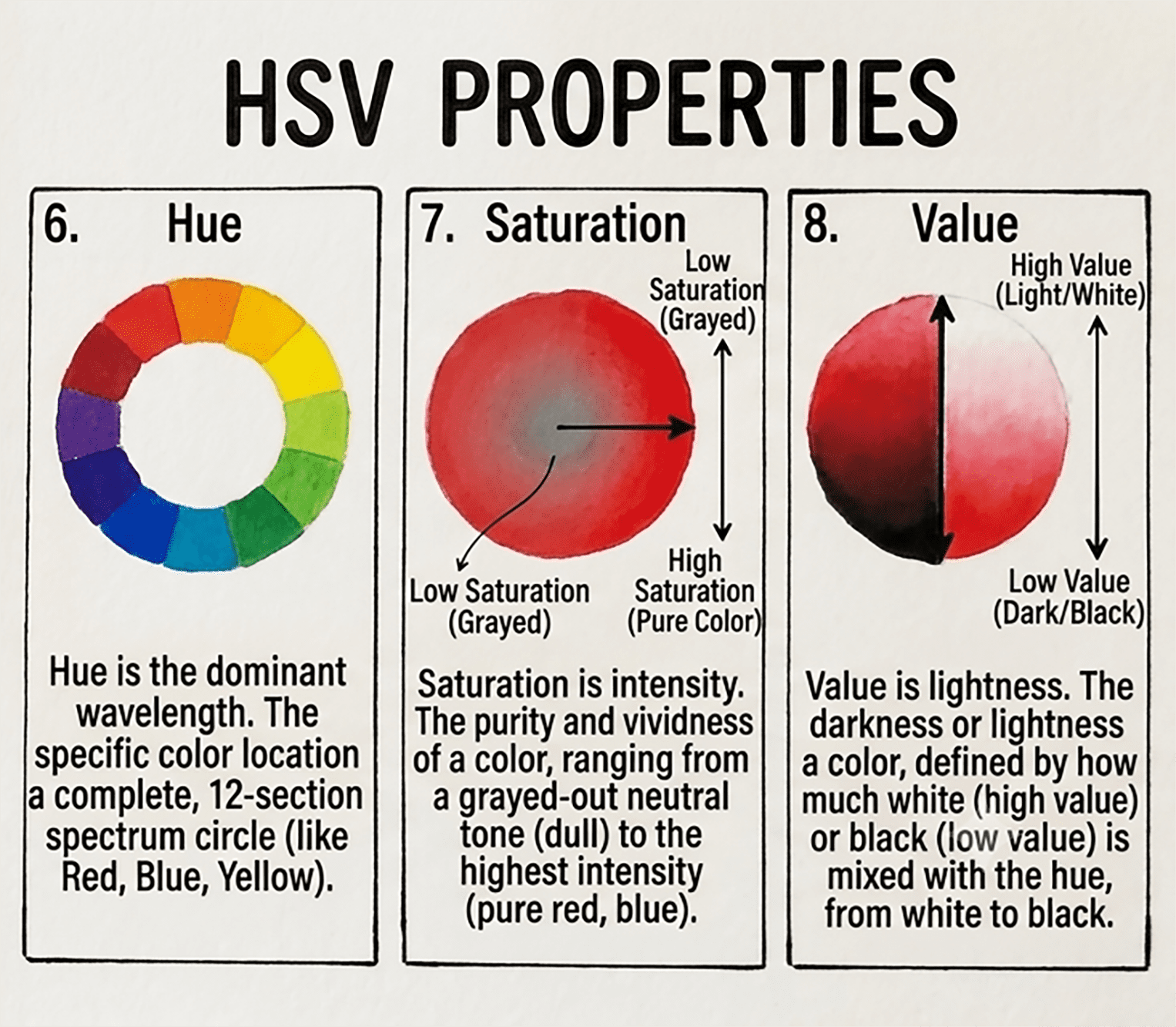 chart explaining hue, saturation, and value as color properties