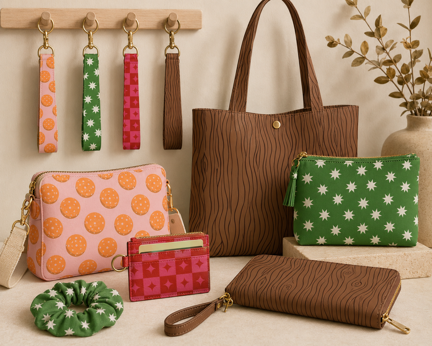 mockup image containing a variety of accessories and bags in patterns from several collections