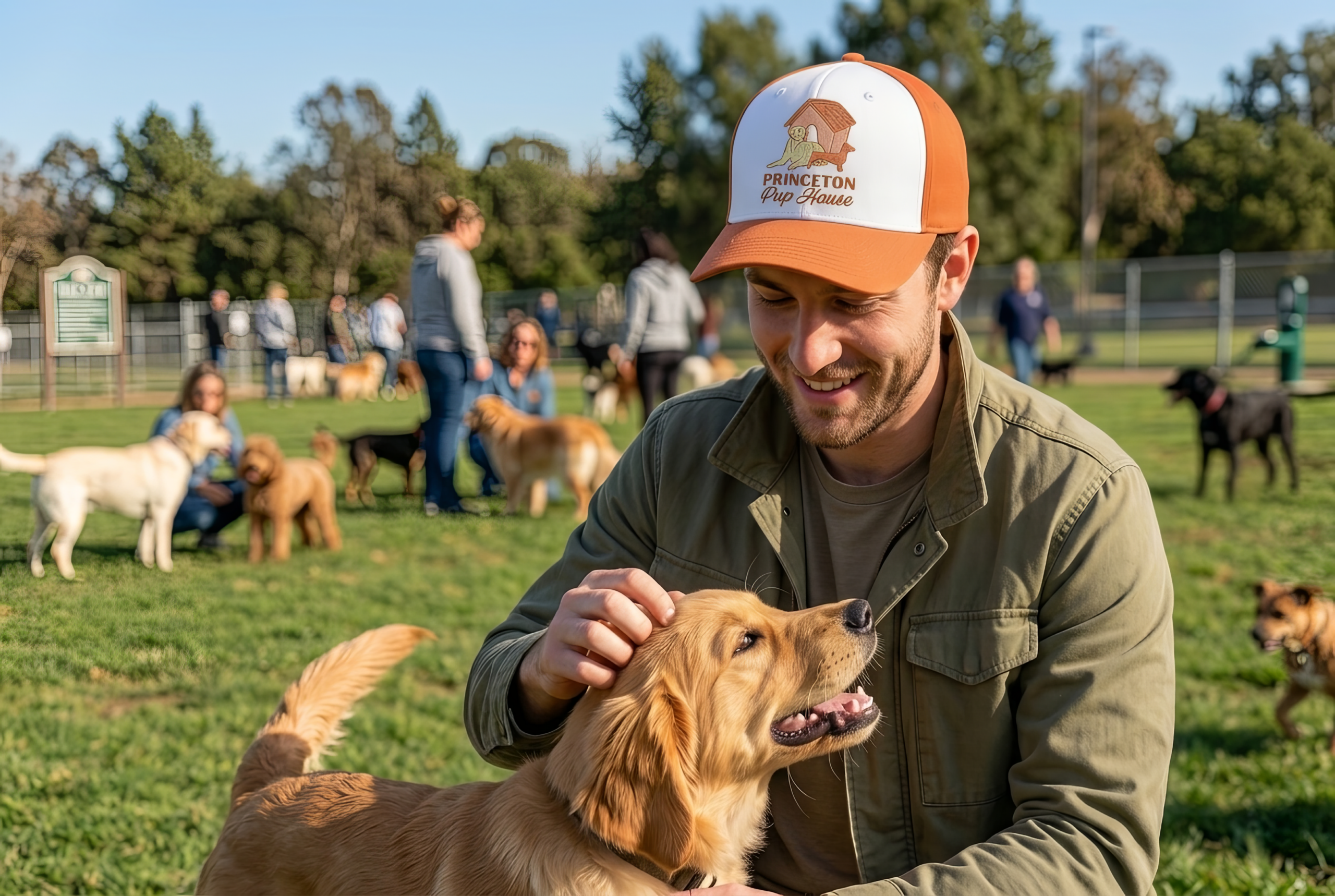 photo of a man with a golden retriever at a dog park. man is wearing a baseball cap branded with the Princeton Pup House Logo