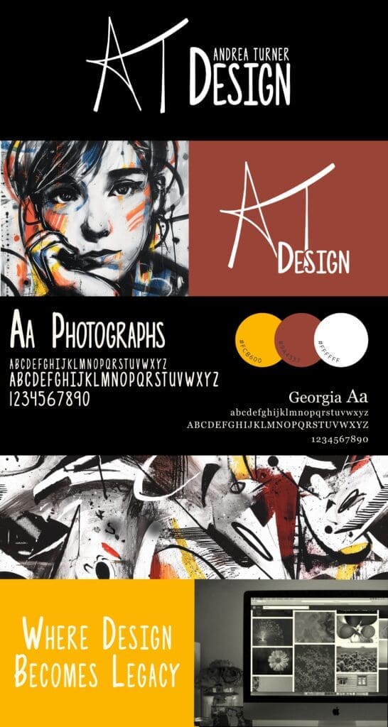 branding guide for AT Design, including logos, Typography, sample imagery, and Color Palette.