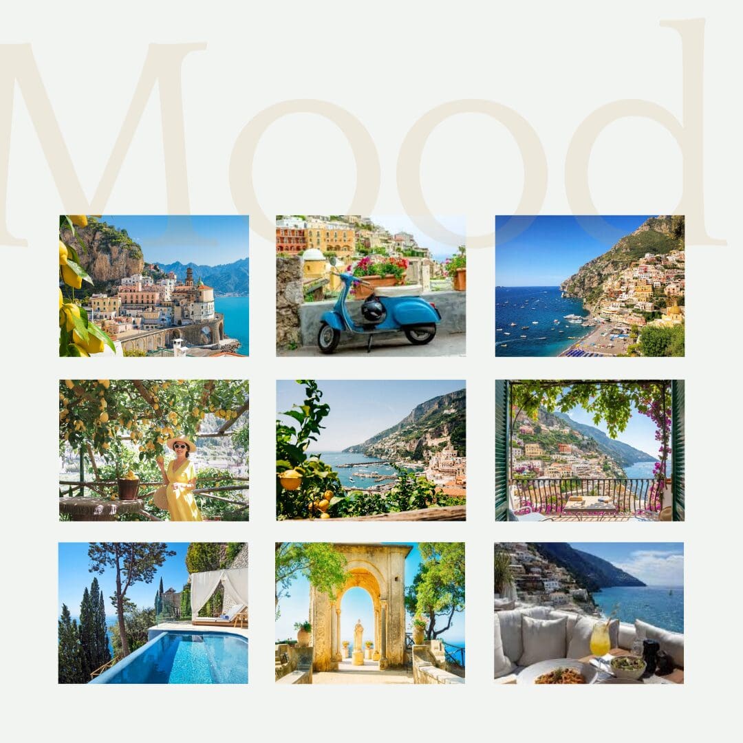mood board for the Villa Marea brief, featuring a selection of 9 images from Pinterest displaying the overall mood of the brand.