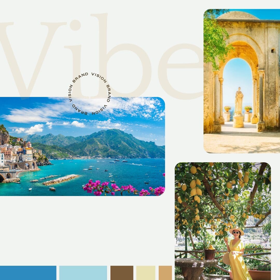 image of my vibe board which refines the theme down to core elements and sets the color palette for the project.