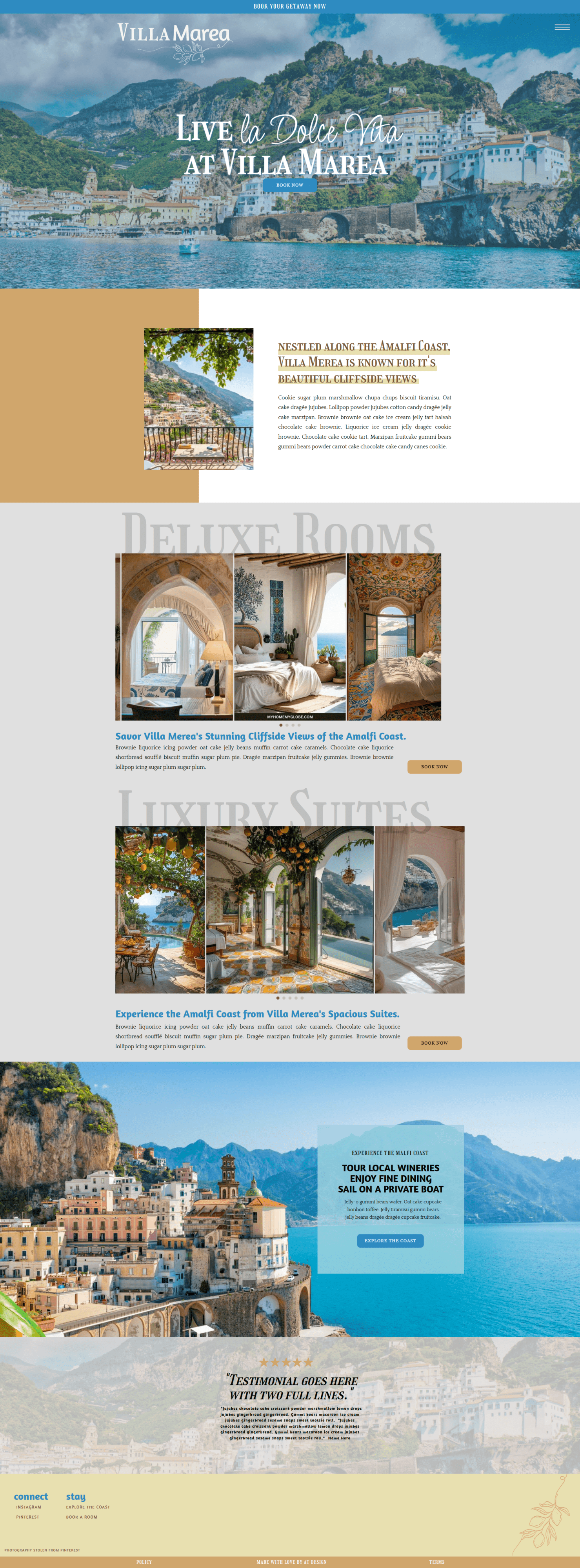 full screenshot of the Villa Marea homepage
